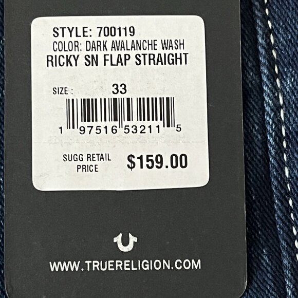 True Religion Men's Ricky Relaxed Straight Flap Blue Denim Jeans Size 33x34 NWT - Picture 6 of 12